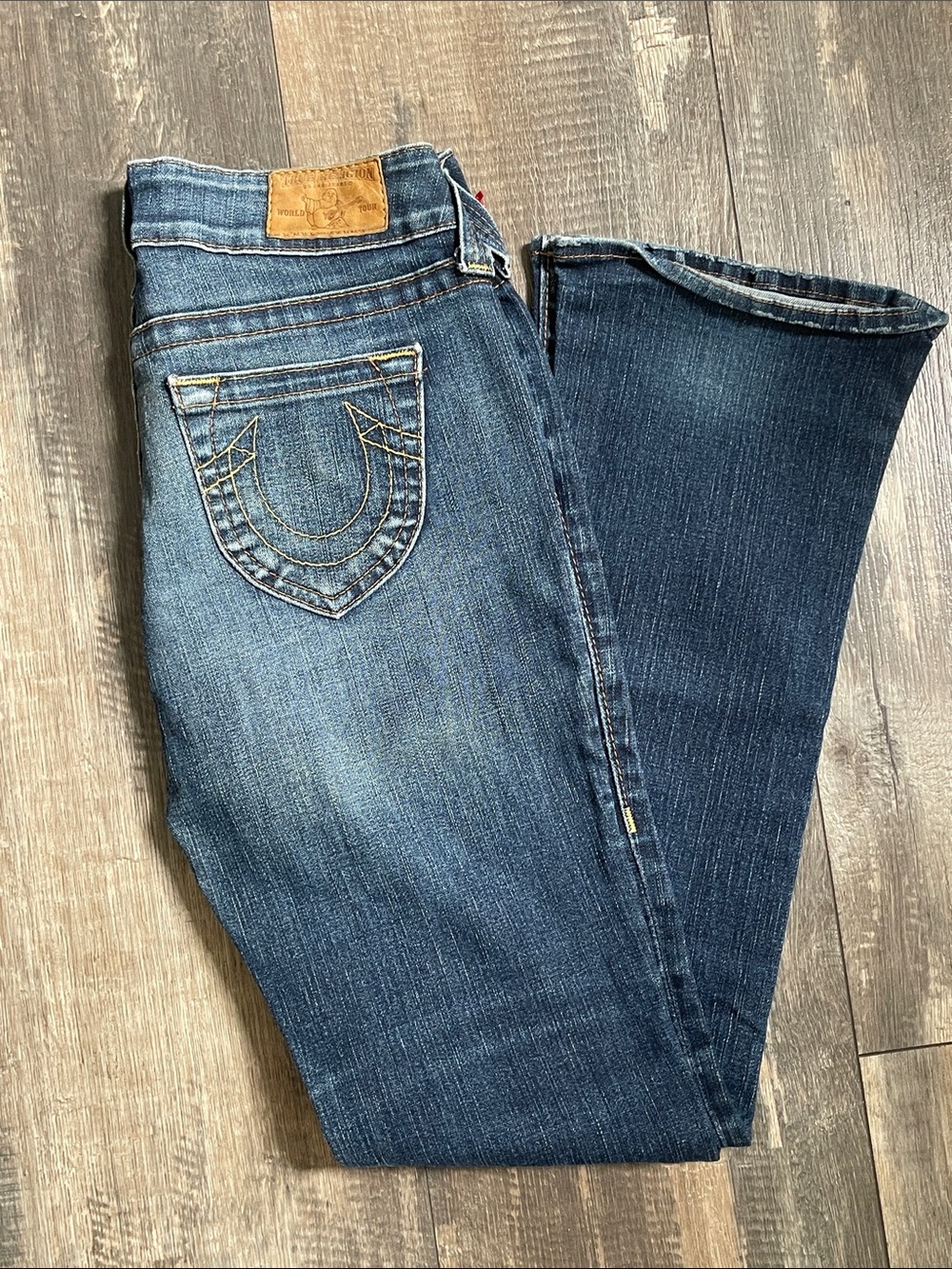 Vintage True Religion Women's Boot Cut Jeans in Medium Blue with Yellow Stitchin